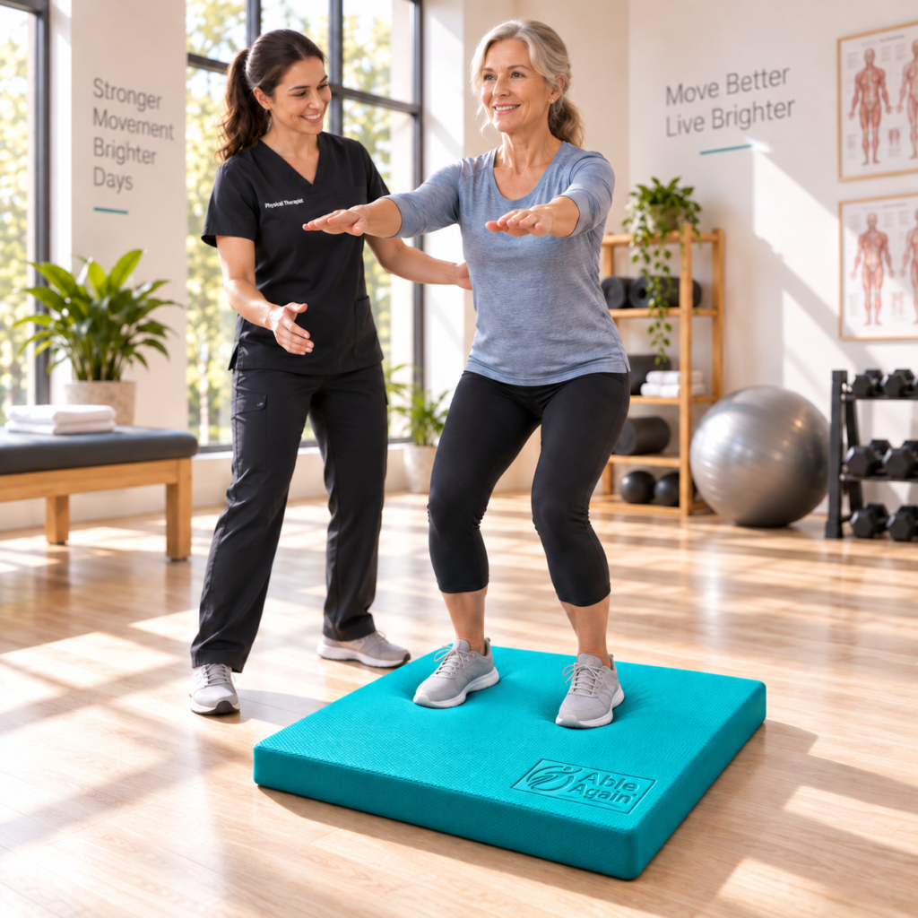 Physical therapist guiding a woman through a squat on a teal balance pad