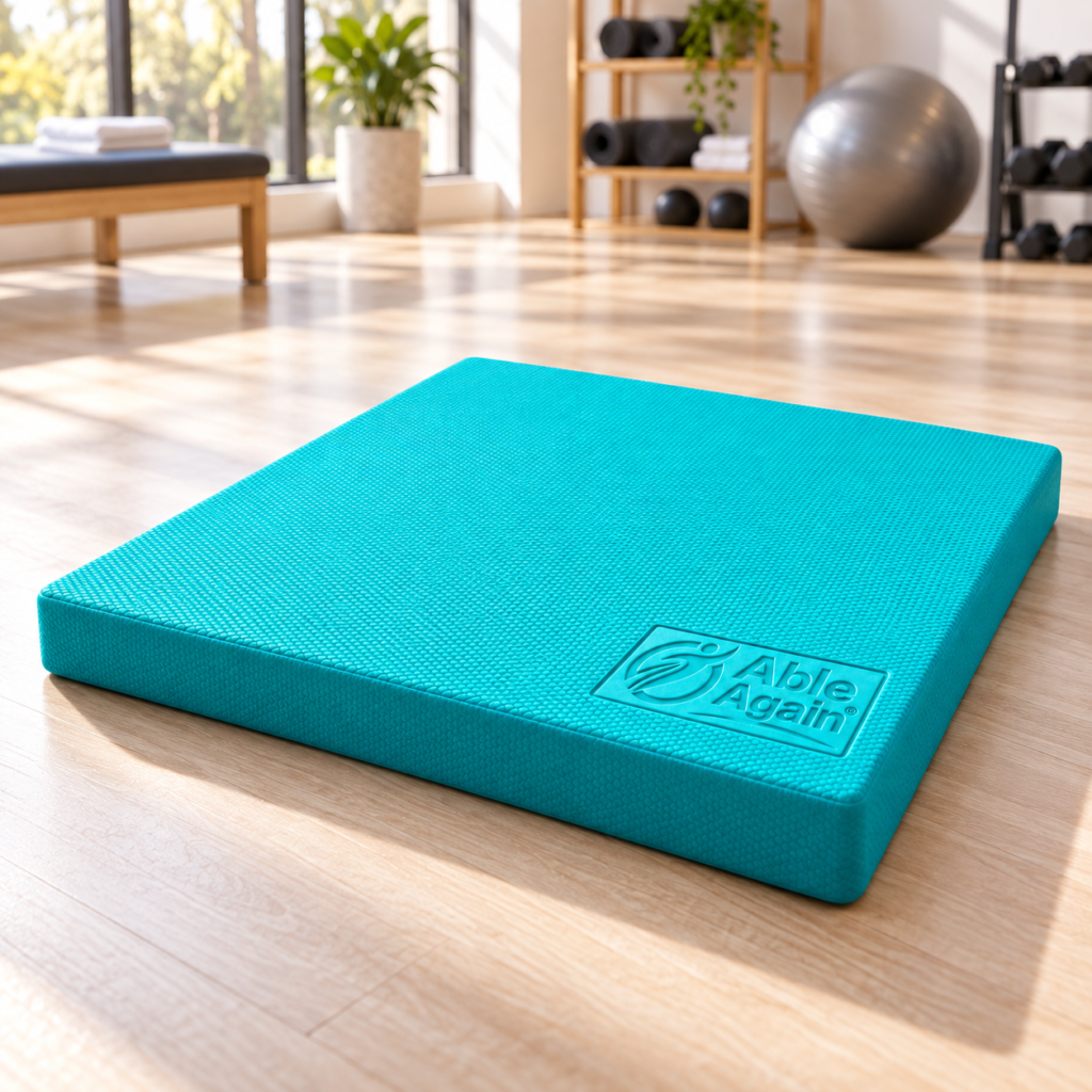 Teal Able Again balance pad on a sunlit therapy room floor