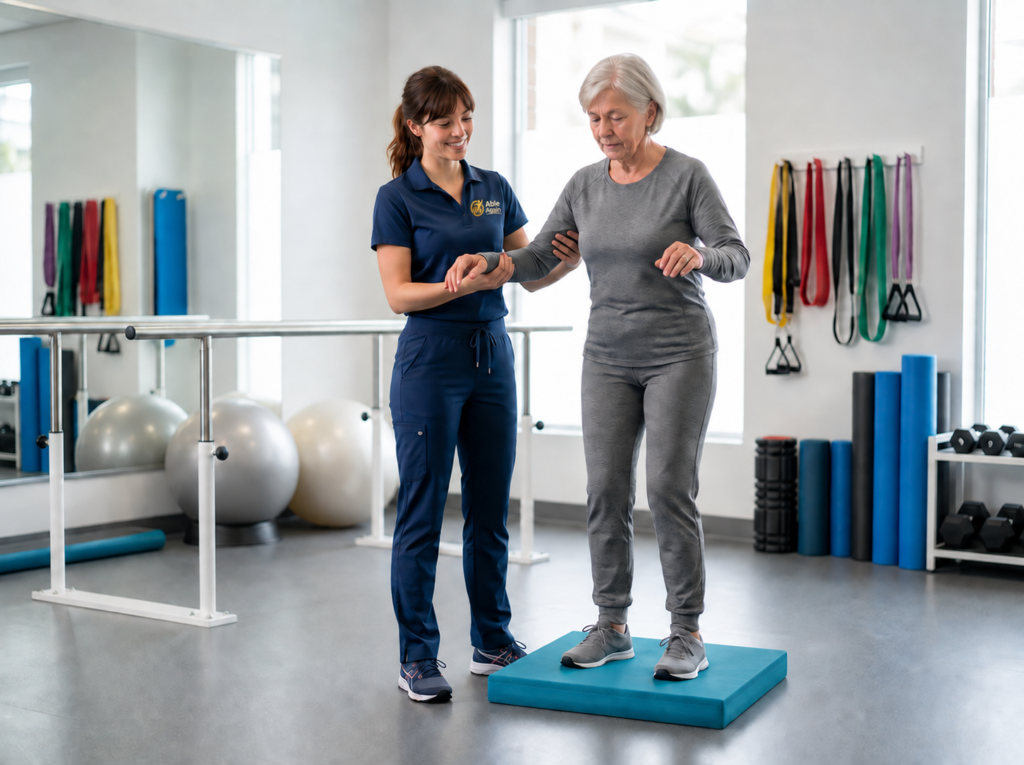 Physical therapist guiding an older adult through balance training on a physical therapy balance pad
