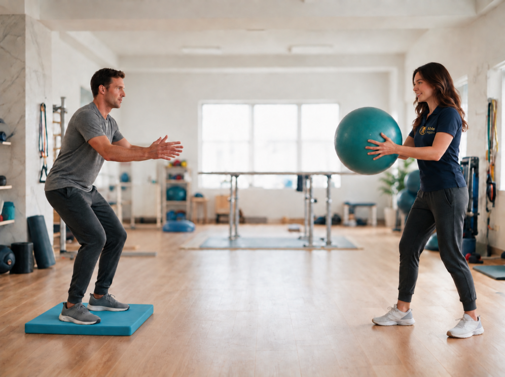 Therapist tossing an exercise ball to a patient standing on a balance pad