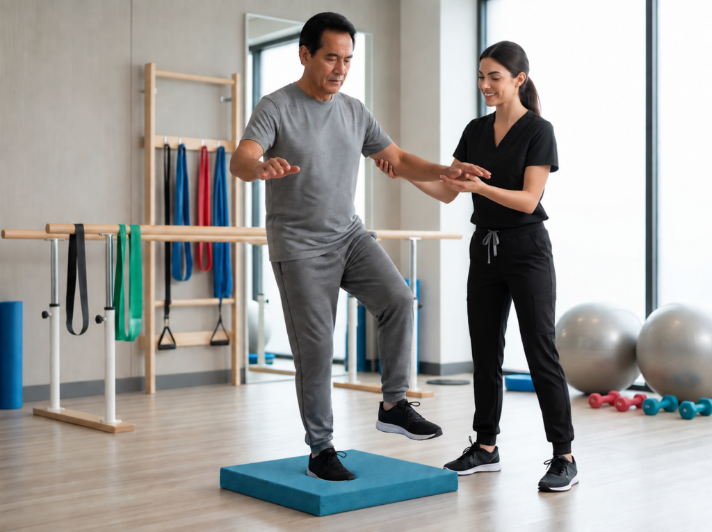 Patient practicing single-leg balance pad exercises with therapist support