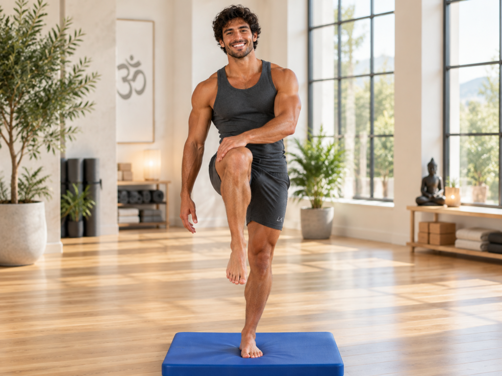 Person balancing on a blue balance pad in a sunlit practice room