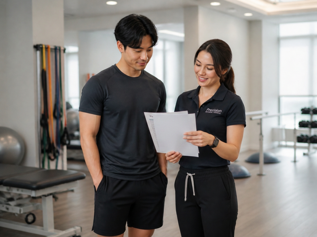 Therapist reviewing a printed home movement plan with a patient